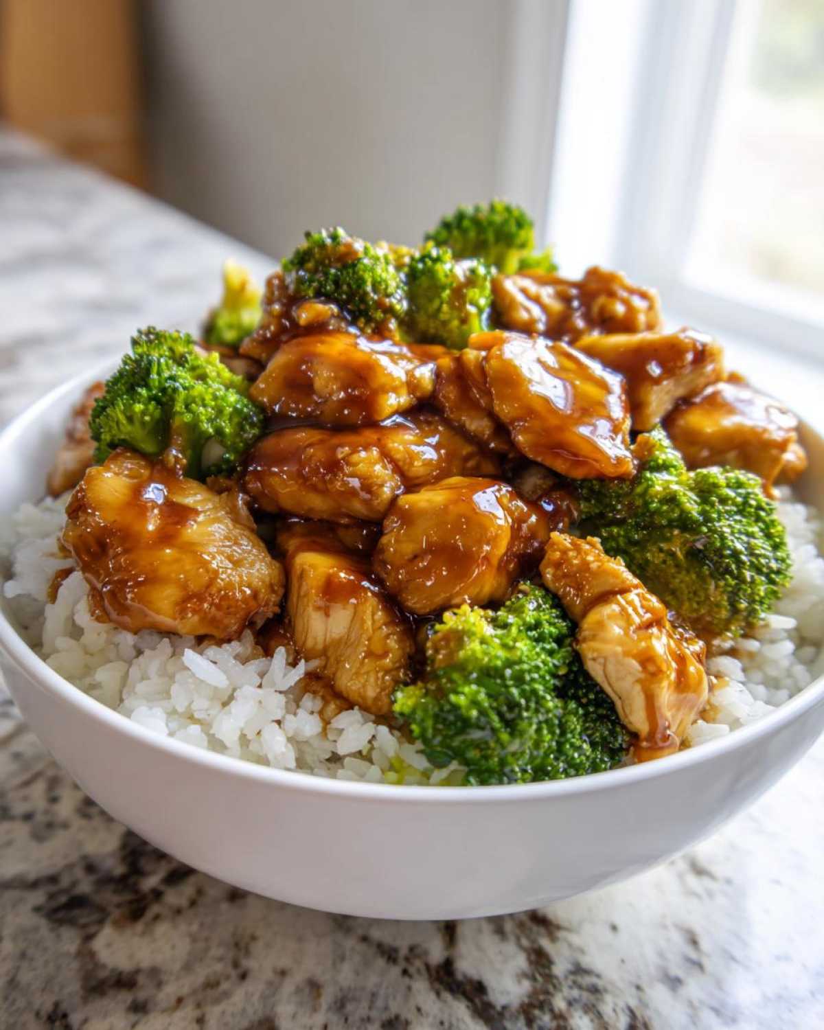 Close-up of a Honey Soy Chicken Bowl Quick Dinner Idea featuring glazed chicken pieces and bright green broccoli over white rice.