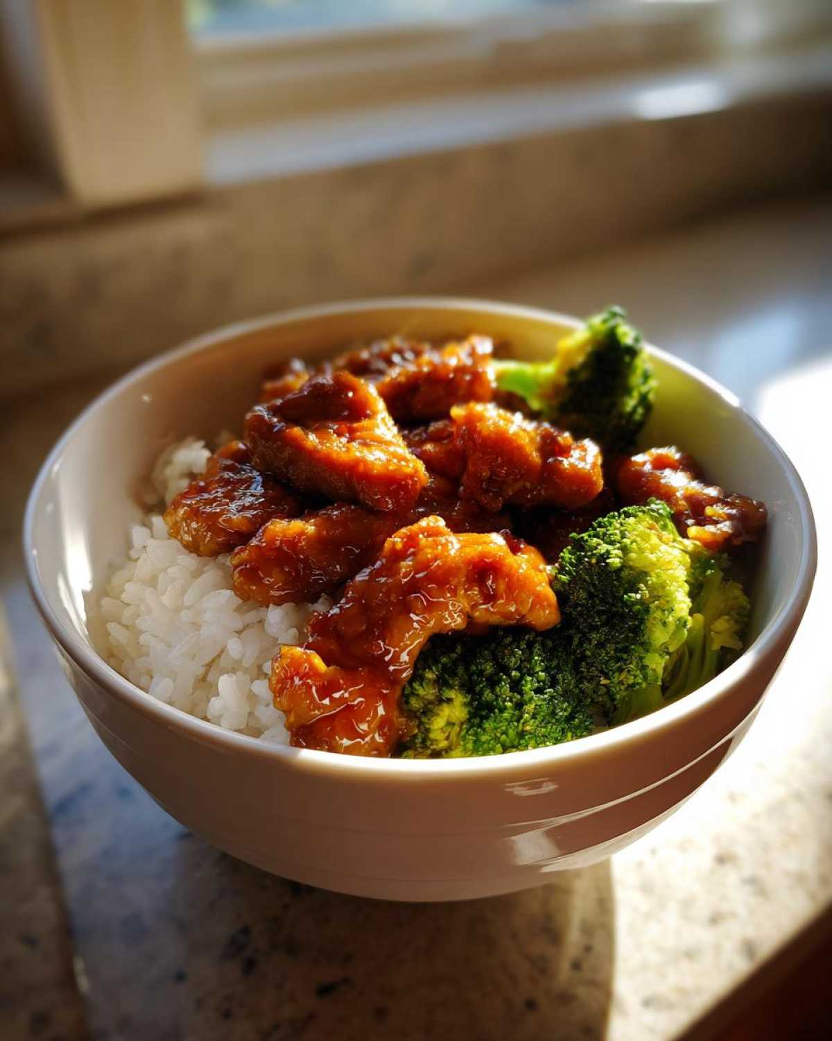 A close-up of a Honey Soy Chicken Bowl Quick Dinner Idea featuring glazed chicken pieces over white rice and bright green broccoli florets.