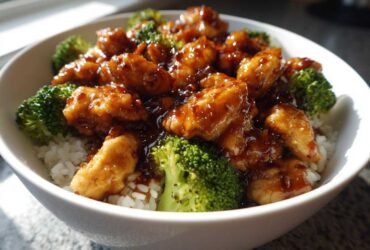 Close-up of a Honey Soy Chicken Bowl Quick Dinner Idea featuring glazed chicken pieces and bright green broccoli over white rice.