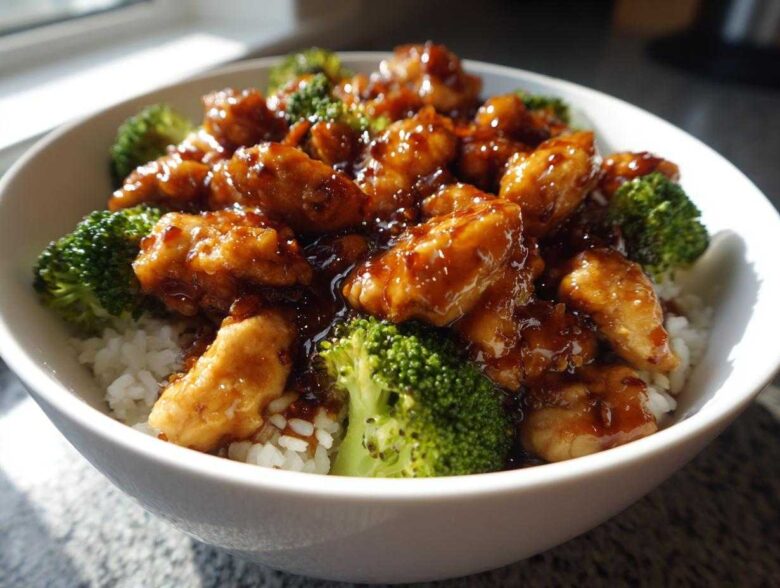 Close-up of a Honey Soy Chicken Bowl Quick Dinner Idea featuring glazed chicken pieces and bright green broccoli over white rice.
