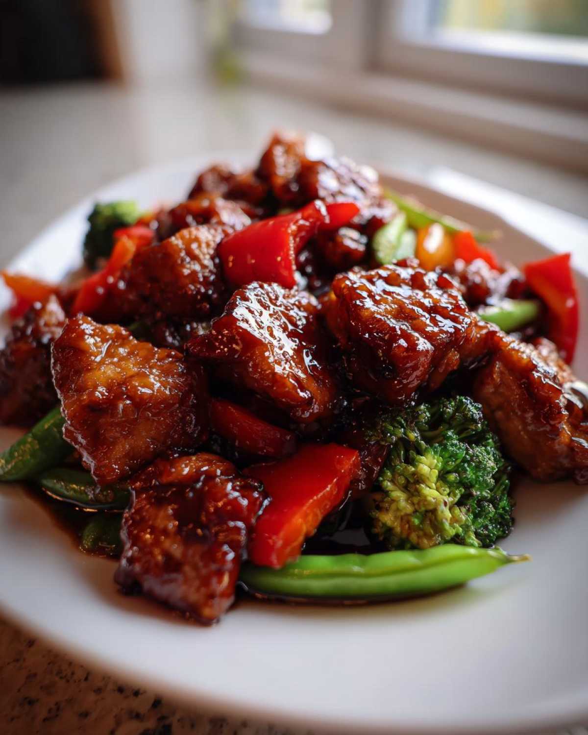 Close-up of glossy, saucy Honey Soy Chicken Skillet with Veggies, featuring broccoli and red peppers.