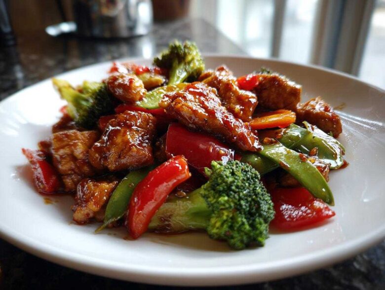 Close-up of Honey Soy Chicken Skillet with Veggies featuring glossy chicken pieces, red peppers, broccoli, and snow peas on a white plate.