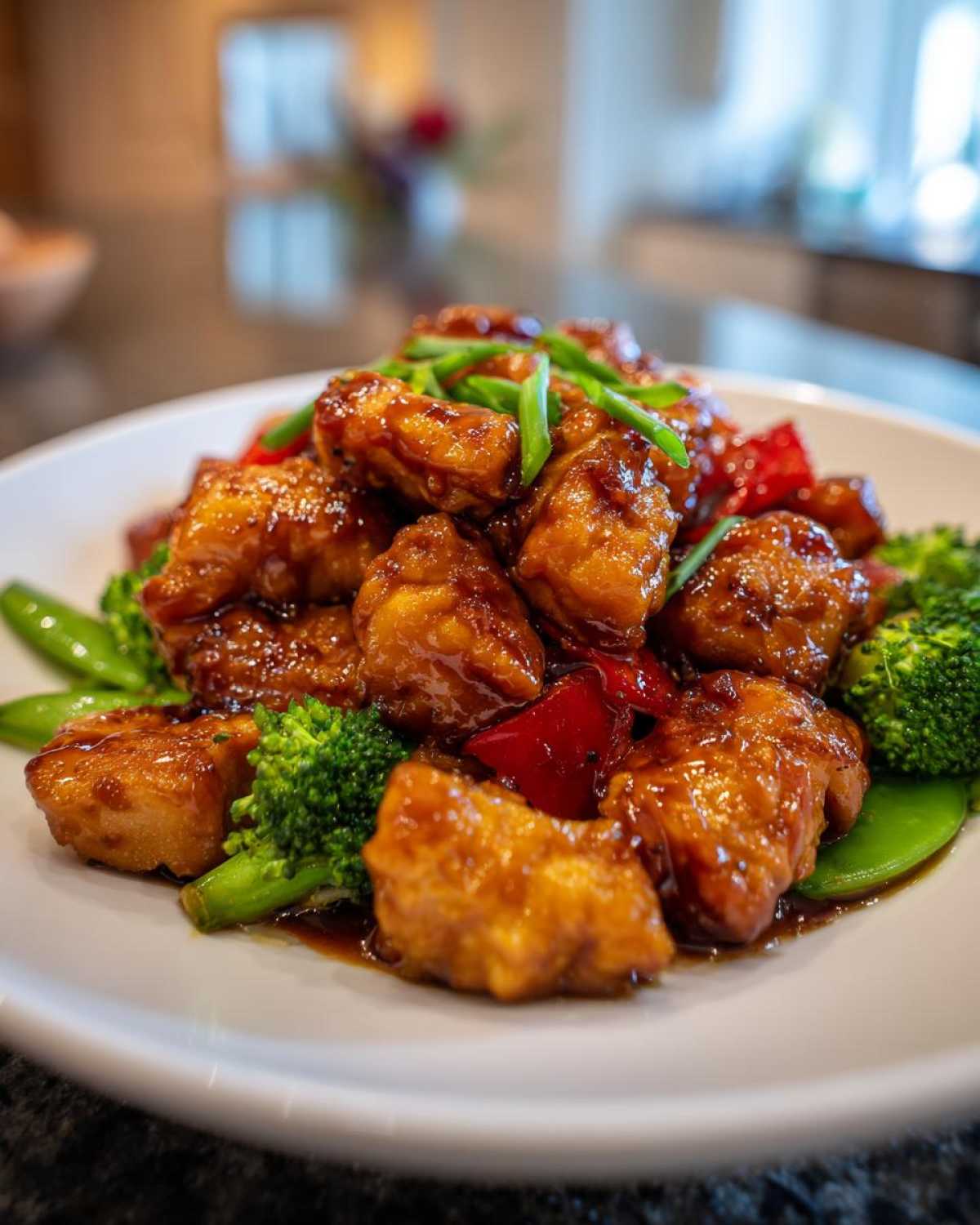 Close-up of Honey Soy Chicken Skillet with Veggies, featuring glazed chicken pieces, broccoli, and snap peas.