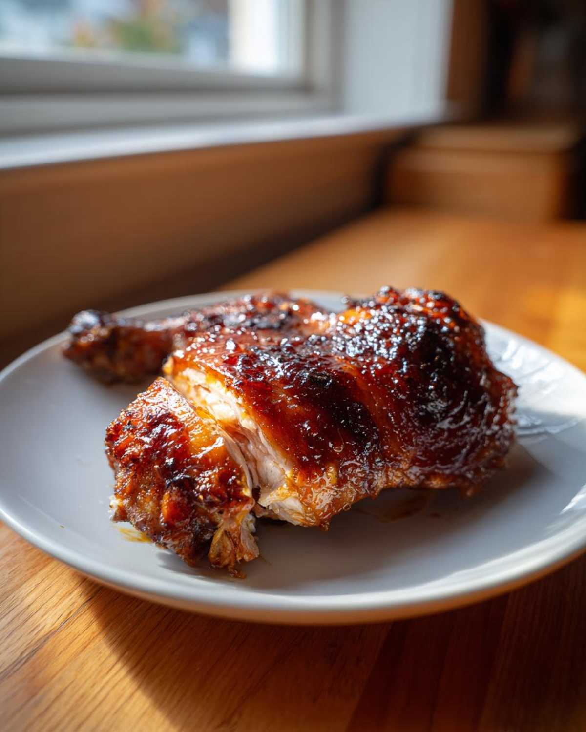 Close-up of a juicy Honey Soy Chicken Thighs with crispy, caramelized edges, cut open to show the tender meat.