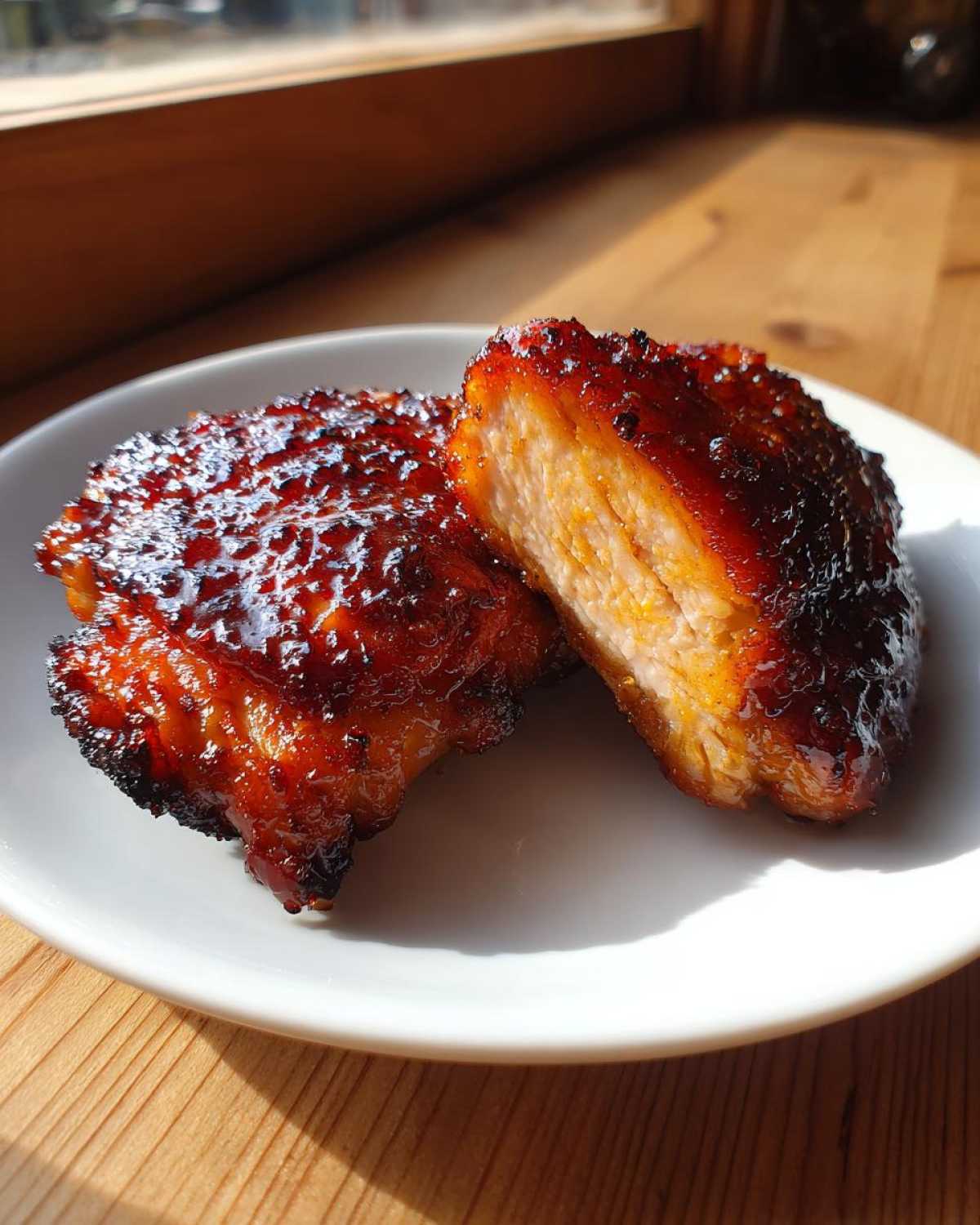 Two pieces of Honey Soy Chicken Thighs with Crispy Edges, showing a glossy, caramelized glaze and moist interior.