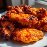 Close-up of crispy oven baked Honey Sriracha Chicken Wings glazed with a sticky, spicy-sweet sauce.