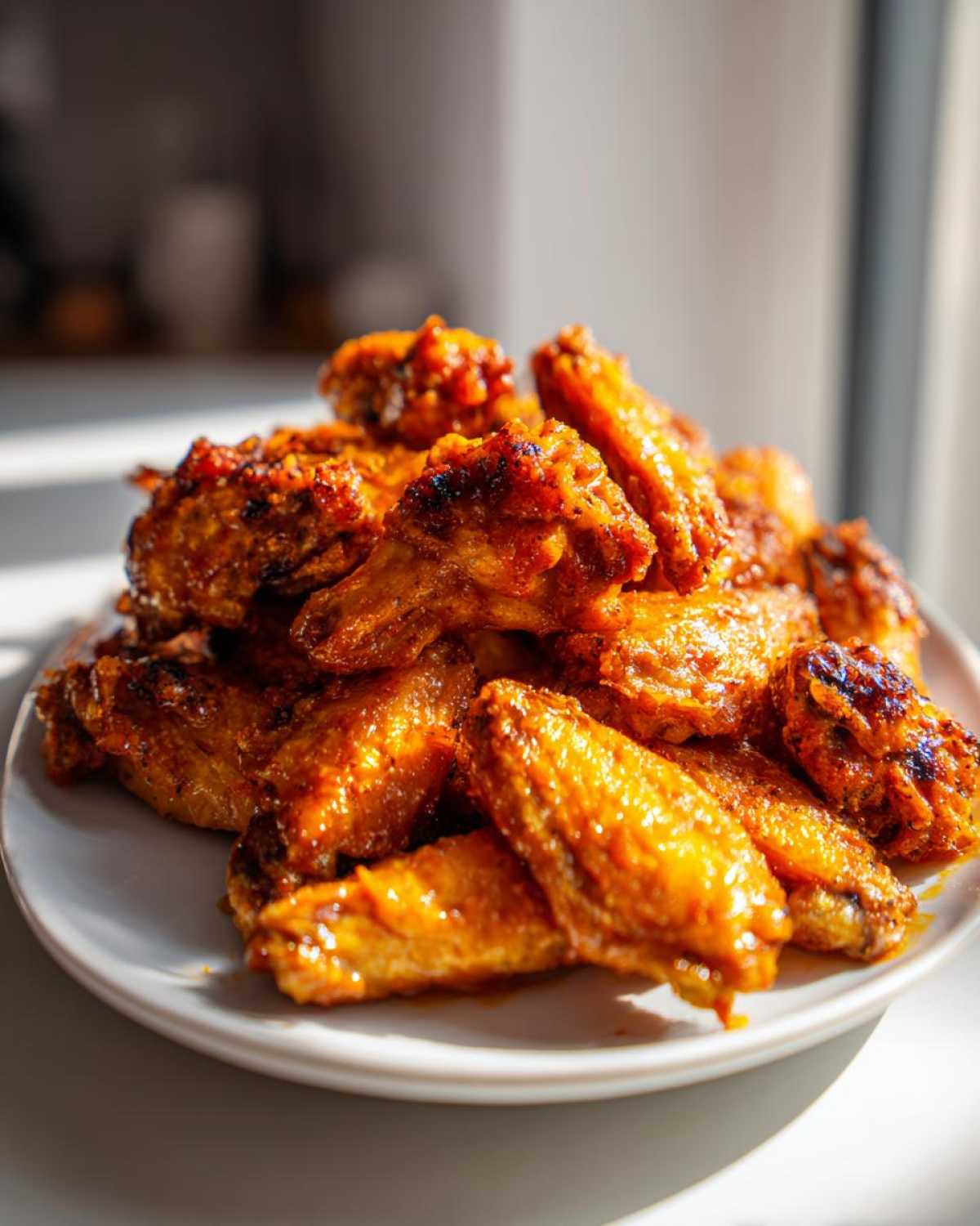 A generous pile of crispy oven baked Honey Sriracha Chicken Wings glistening with sauce on a white plate.
