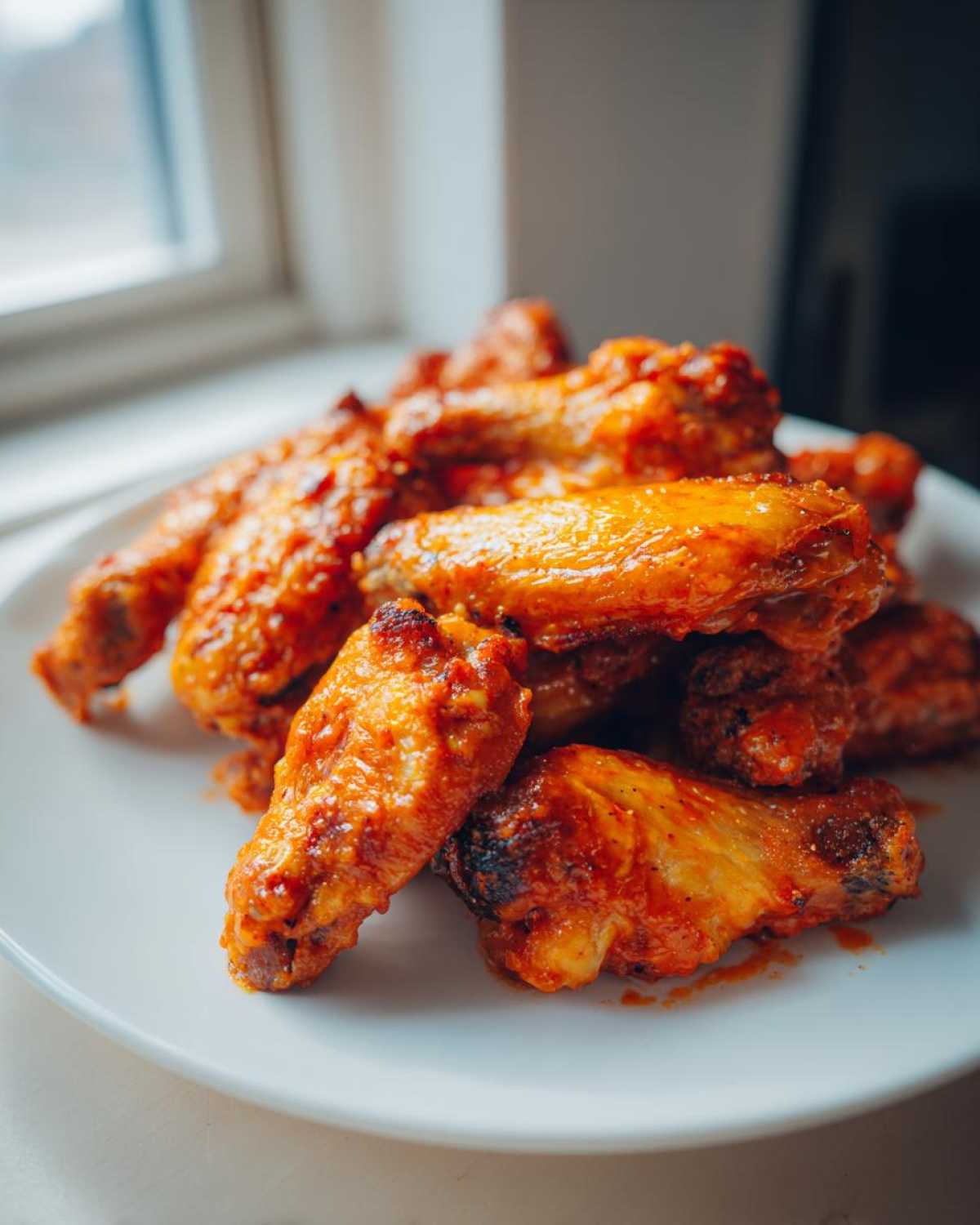 A pile of crispy oven baked Honey Sriracha Chicken Wings coated in a glossy, bright orange sauce on a white plate.