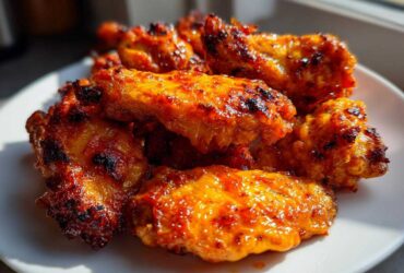 Close-up of crispy oven baked Honey Sriracha Chicken Wings glazed with a sticky, spicy-sweet sauce.