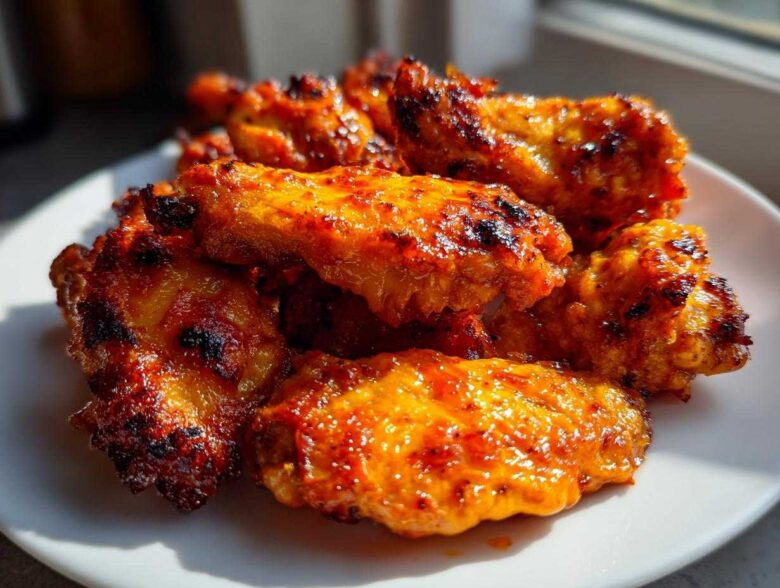 Close-up of crispy oven baked Honey Sriracha Chicken Wings glazed with a sticky, spicy-sweet sauce.