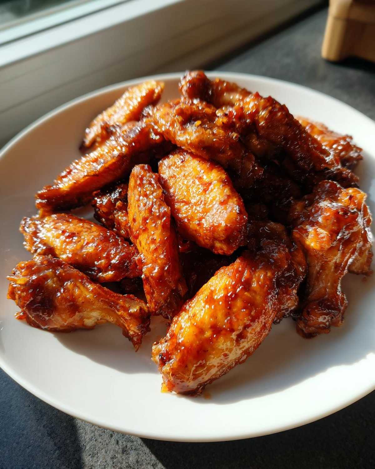 A pile of sticky and crispy Honey Sriracha Chicken Wings glazed with a shiny sauce, served on a white plate.