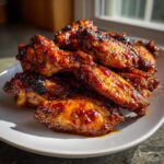A pile of sticky and crispy Honey Sriracha Chicken Wings glistening with sauce on a white plate.