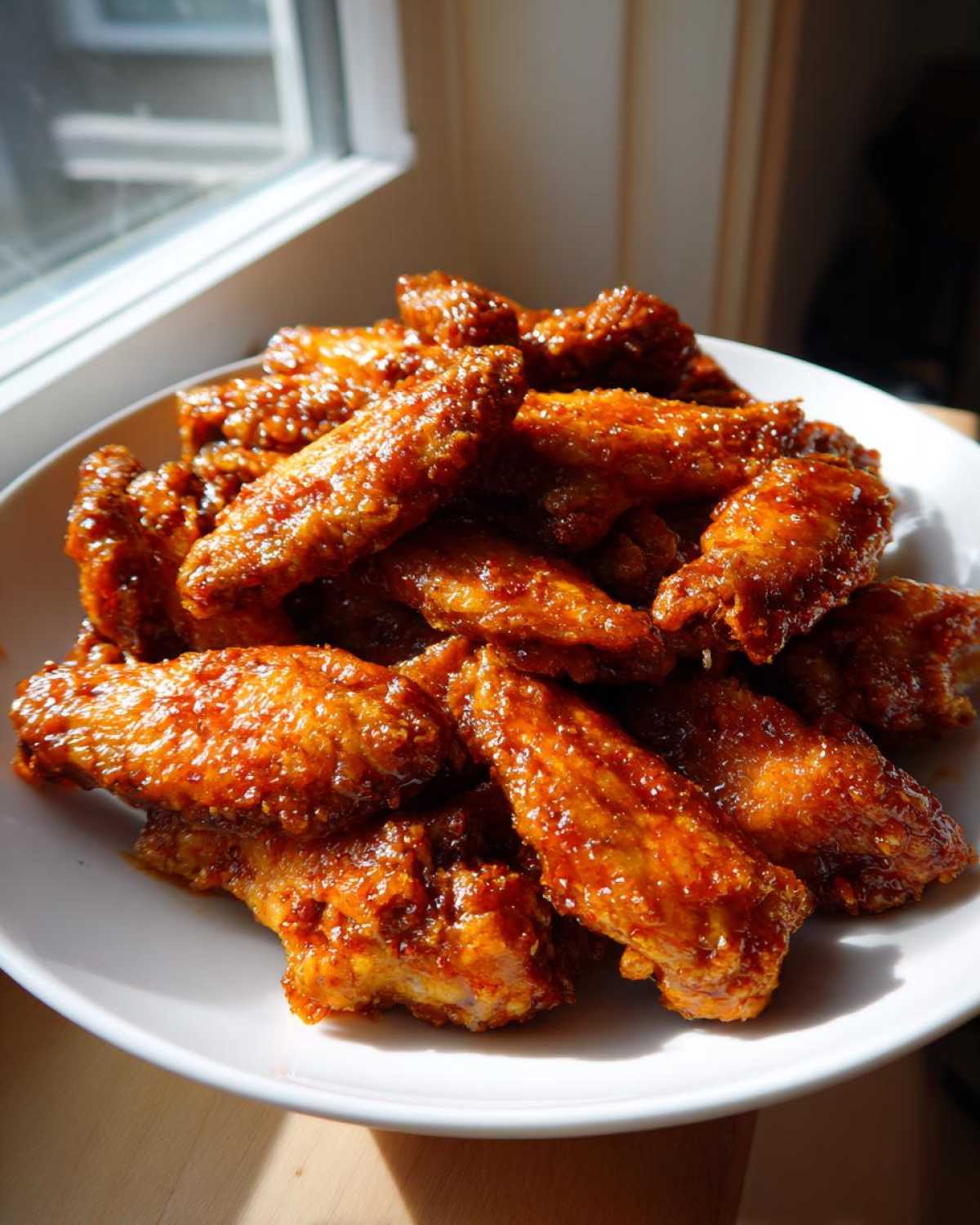 A close-up of a large pile of sticky Honey Sriracha Chicken Wings coated in a glossy, reddish-orange glaze.
