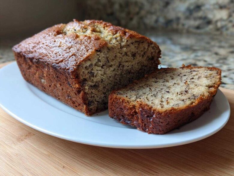 A golden brown loaf of Incredibly Moist Banana Bread, partially sliced, sitting on a white plate.