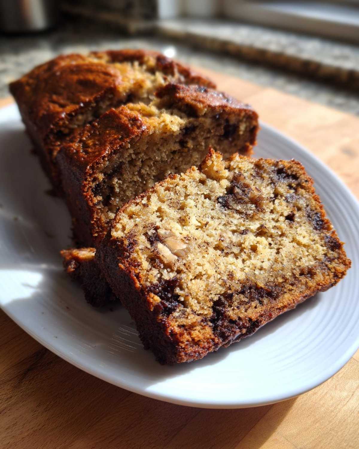 Close-up of slices of incredibly moist banana bread with visible chocolate chunks and nuts on a white plate.
