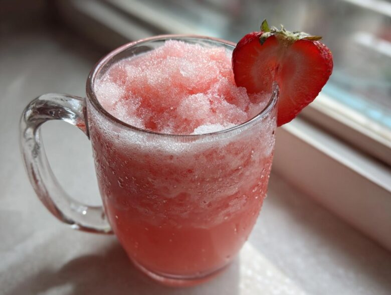 A frosty glass mug filled with Irresistible Strawberry Pina Colada Punch, garnished with a fresh strawberry slice.