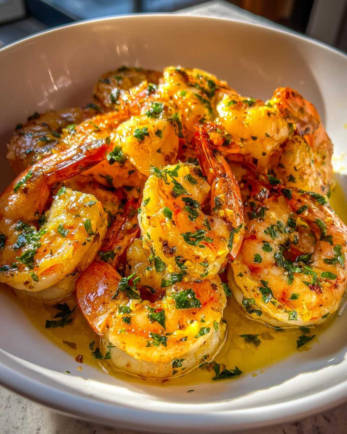 Close-up of succulent Lemon Butter Shrimp with Garlic Flavor, glistening in butter sauce and topped with fresh parsley.