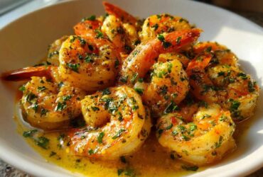 Close-up of succulent Lemon Butter Shrimp with Garlic Flavor, coated in a rich, buttery sauce and topped with fresh parsley.