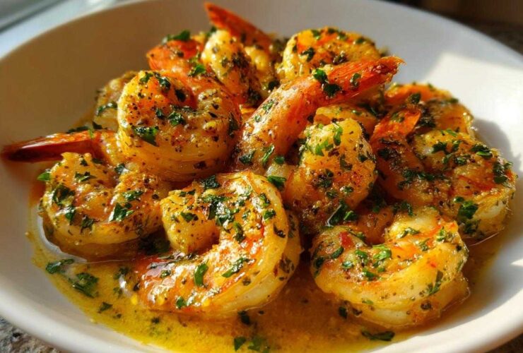 Close-up of succulent Lemon Butter Shrimp with Garlic Flavor, coated in a rich, buttery sauce and topped with fresh parsley.