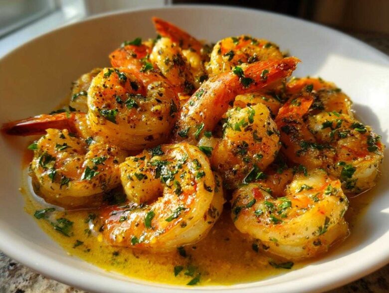 Close-up of succulent Lemon Butter Shrimp with Garlic Flavor, coated in a rich, buttery sauce and topped with fresh parsley.