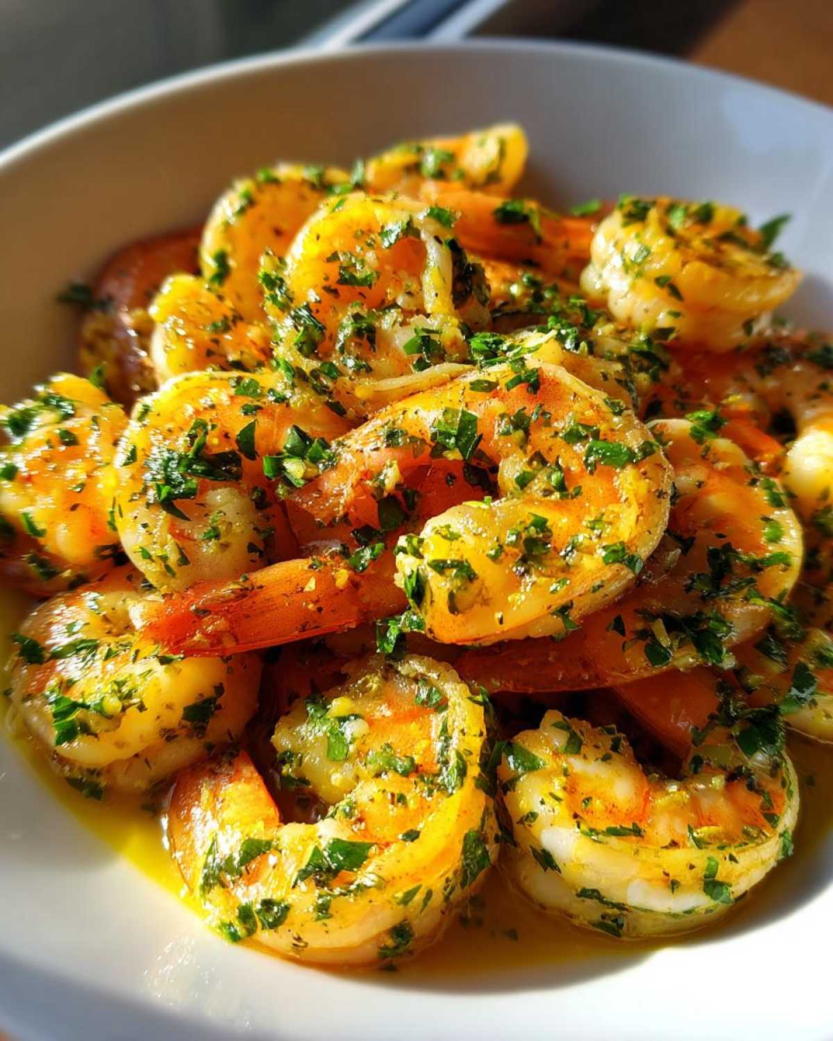 A close-up of succulent shrimp coated in a rich lemon butter sauce and topped with fresh chopped parsley, showcasing the Lemon Butter Shrimp with Garlic Flavor.