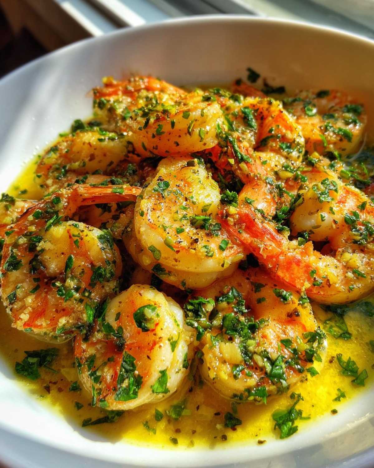 Close-up of plump shrimp coated in a rich lemon butter sauce with garlic flavor and fresh parsley.