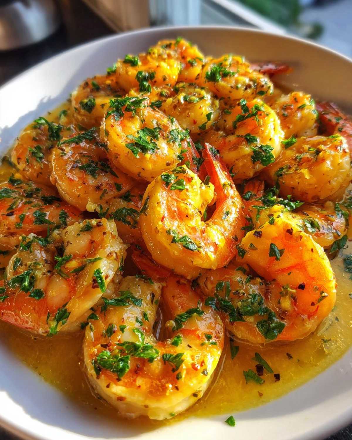 Close-up of succulent shrimp coated in a rich, yellow lemon butter sauce and topped with fresh parsley, featuring Lemon Butter Shrimp with Garlic Flavor.