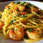 A close-up shot of Lemon Butter Shrimp Pasta tossed in a creamy sauce and garnished with fresh parsley.