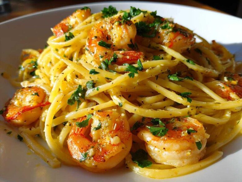 A close-up shot of Lemon Butter Shrimp Pasta tossed in a creamy sauce and garnished with fresh parsley.