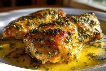 Two golden-brown chicken breasts covered in a rich lemon garlic butter sauce and fresh parsley, ready to eat.