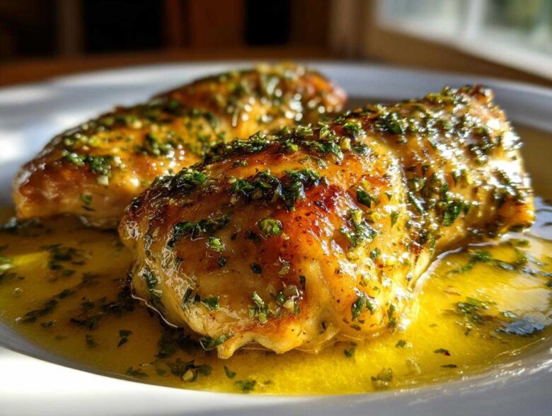 Two golden-brown chicken breasts covered in a rich lemon garlic butter sauce and fresh parsley, ready to eat.