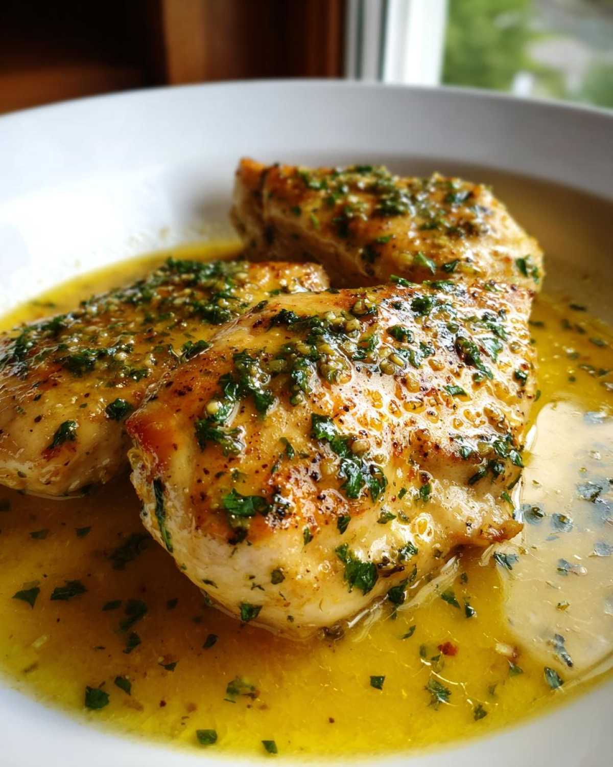 Three golden-brown chicken breasts covered in a rich lemon garlic butter sauce with chopped parsley, part of the Lemon Garlic Butter Chicken Easy Skillet recipe.