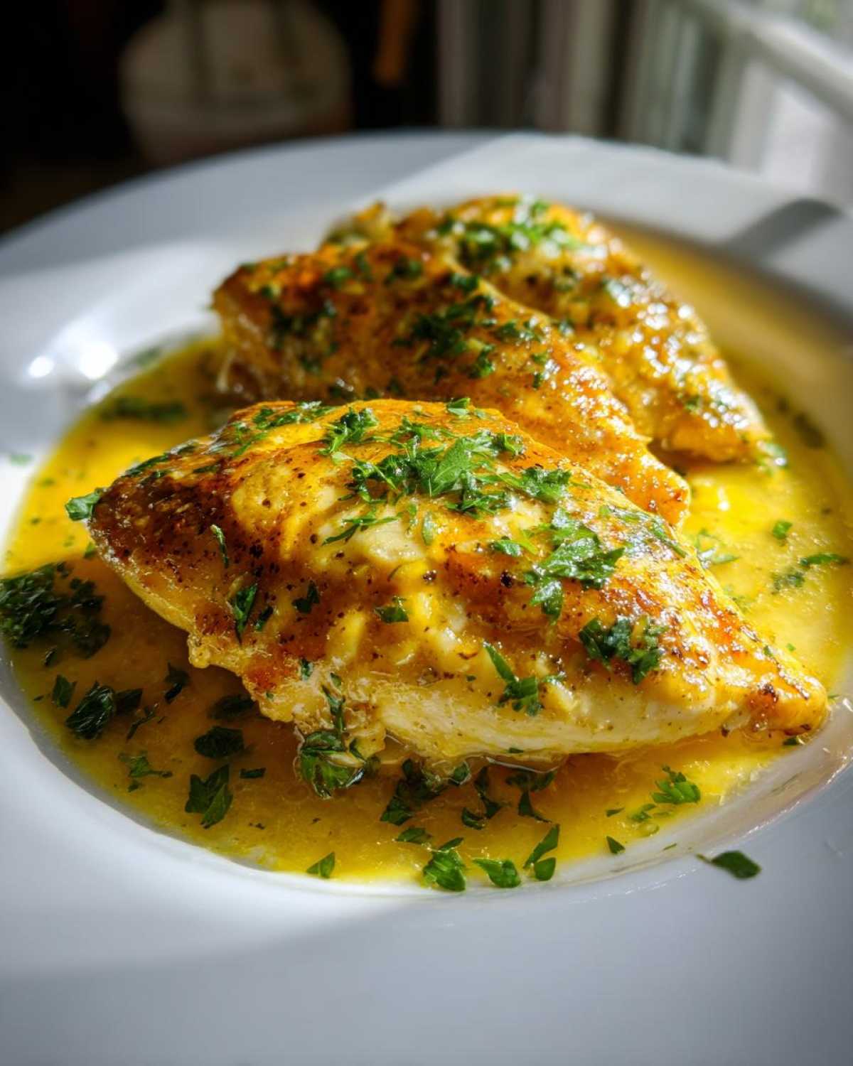 Three golden-brown chicken breasts swimming in bright lemon garlic butter sauce, topped with fresh parsley.