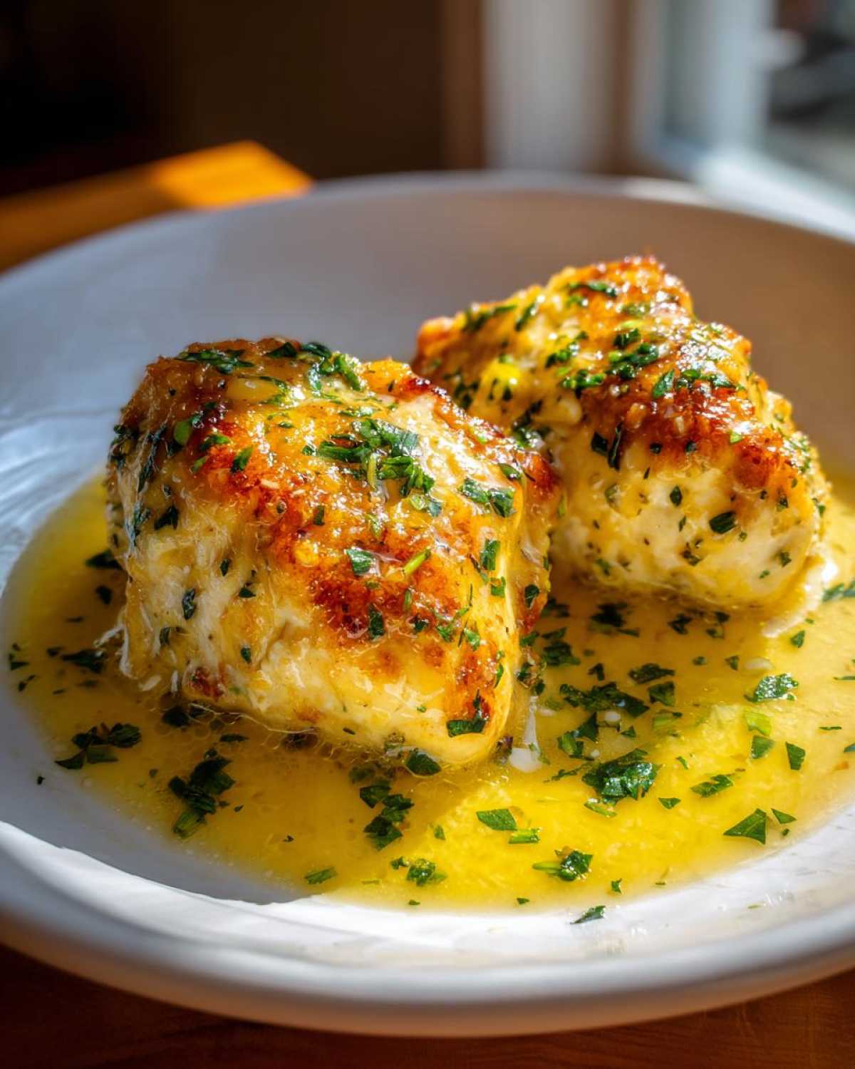 Two golden-brown pieces of Lemon Garlic Butter Chicken Easy Skillet served in a pool of bright yellow butter sauce and topped with fresh parsley.
