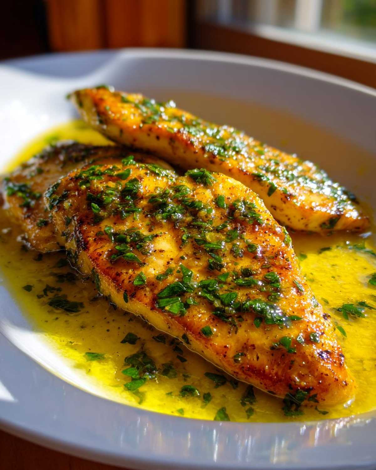 Close-up of three pan-seared chicken breasts covered in a bright lemon garlic butter sauce and fresh parsley.