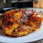 A whole, perfectly roasted Lemon Herb Roasted Chicken with dark, crispy, herb-coated skin resting on a white plate.