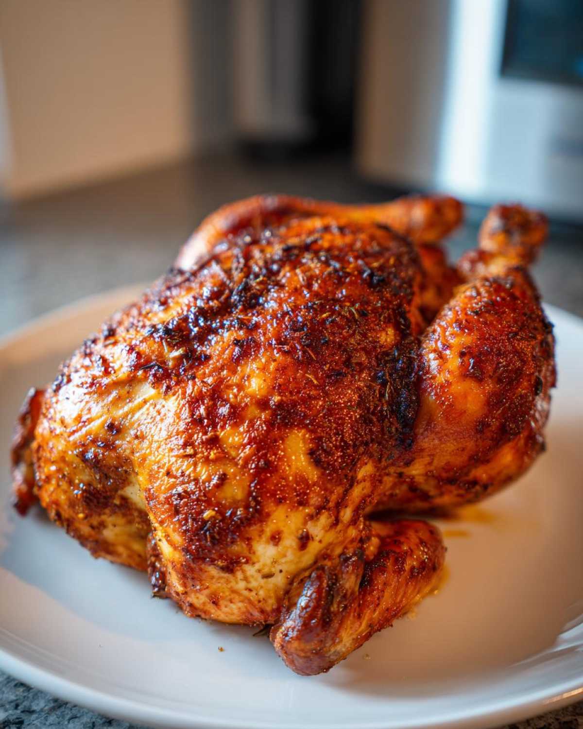 A perfectly cooked whole Lemon Herb Roasted Chicken with deeply browned, crispy skin resting on a white plate.