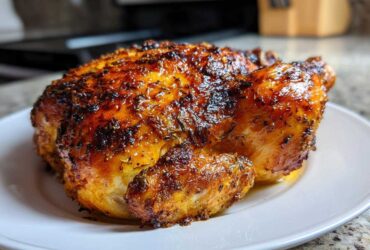 A whole, perfectly roasted Lemon Herb Roasted Chicken with dark, crispy, herb-coated skin resting on a white plate.