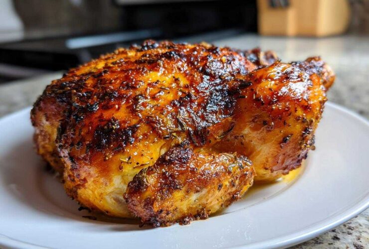 A whole, perfectly roasted Lemon Herb Roasted Chicken with dark, crispy, herb-coated skin resting on a white plate.