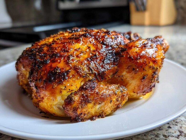 A whole, perfectly roasted Lemon Herb Roasted Chicken with dark, crispy, herb-coated skin resting on a white plate.