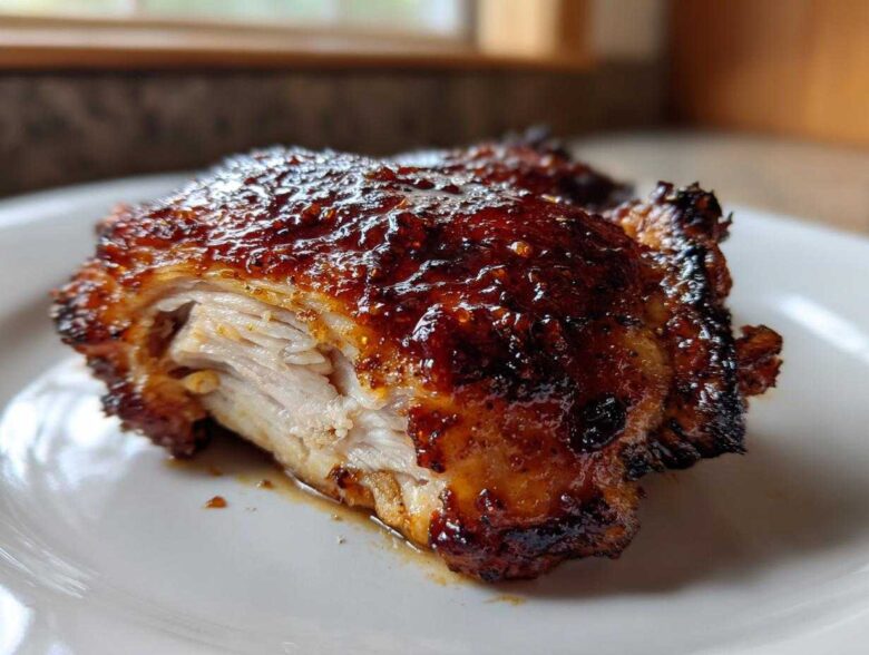 Close-up of a perfectly cooked Maple Dijon Chicken Thighs Recipe piece, showing the caramelized glaze and moist interior.