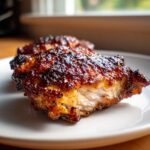 Close-up of a perfectly cooked, glazed Maple Dijon Chicken Thighs with crispy, caramelized skin.