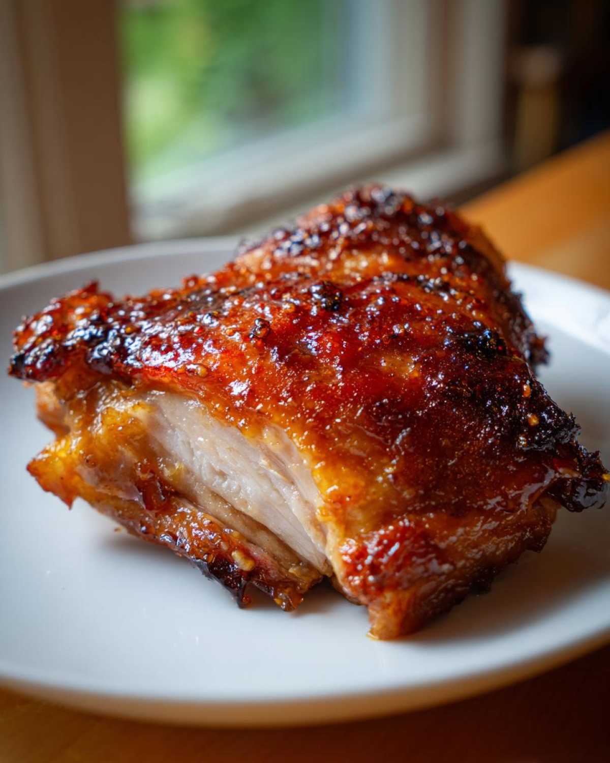Close-up of a perfectly cooked, glazed Maple Dijon Chicken Thighs on a white plate.