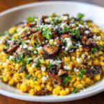 Close-up of Mexican Street Corn Salad MushroomSalus featuring creamy corn, charred mushrooms, cotija cheese, and cilantro.