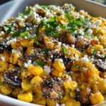 Close-up of Mexican Street Corn Salad MushroomSalus featuring charred corn, dark mushrooms, crumbled white cheese, and fresh cilantro.