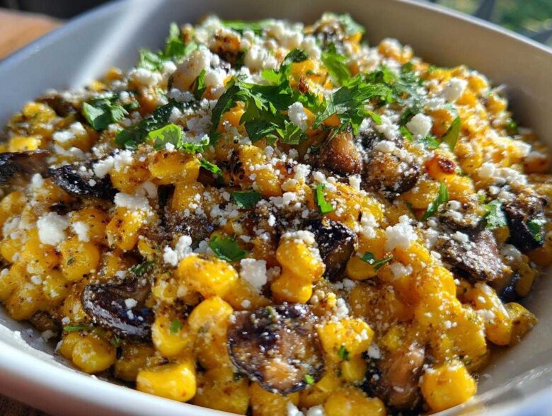 Close-up of Mexican Street Corn Salad MushroomSalus featuring charred corn, dark mushrooms, crumbled white cheese, and fresh cilantro.
