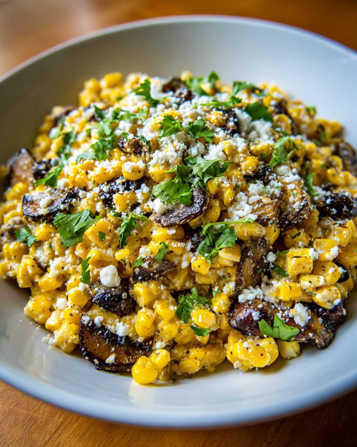 Close-up of Mexican Street Corn Salad MushroomSalus featuring charred corn, dark mushrooms, crumbled white cheese, and fresh cilantro.