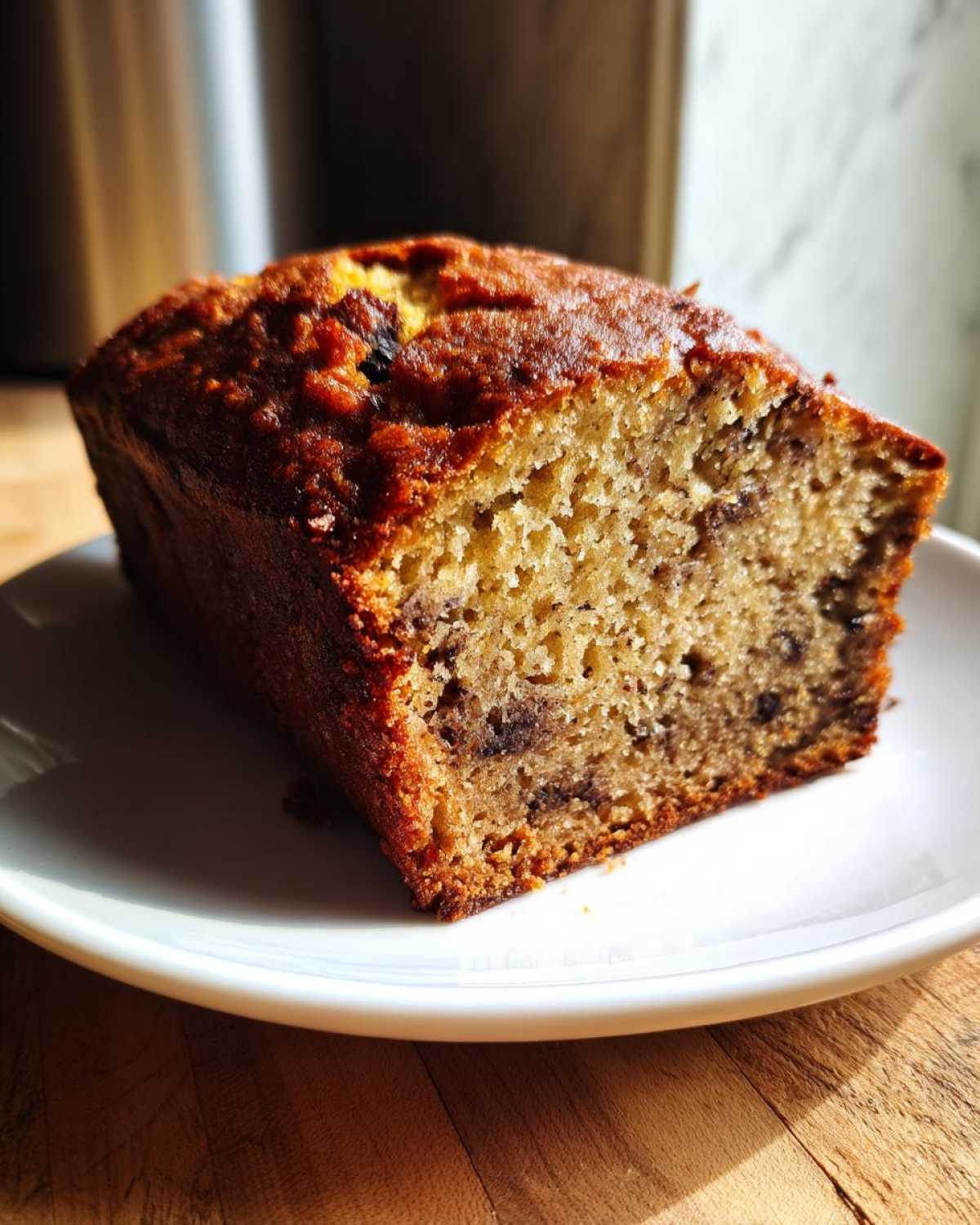 A close-up of a slice of incredibly moist banana bread, showing a golden crust and chocolate chips throughout the crumb.