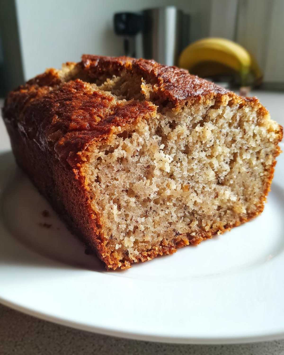 Close-up of a thick slice of homemade Banana Bread showing its moist crumb texture and dark golden crust.