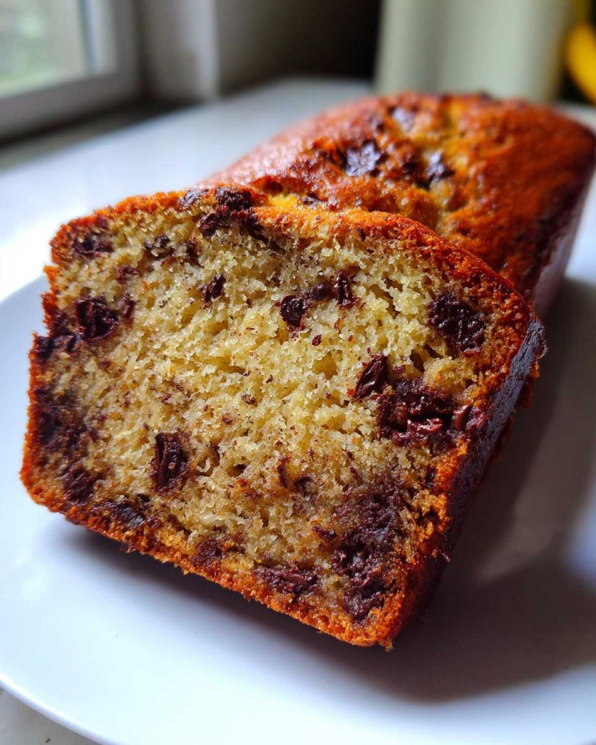 Close-up of a thick slice showing the moist crumb texture of The Chocolate Chip Banana Bread So Moist!